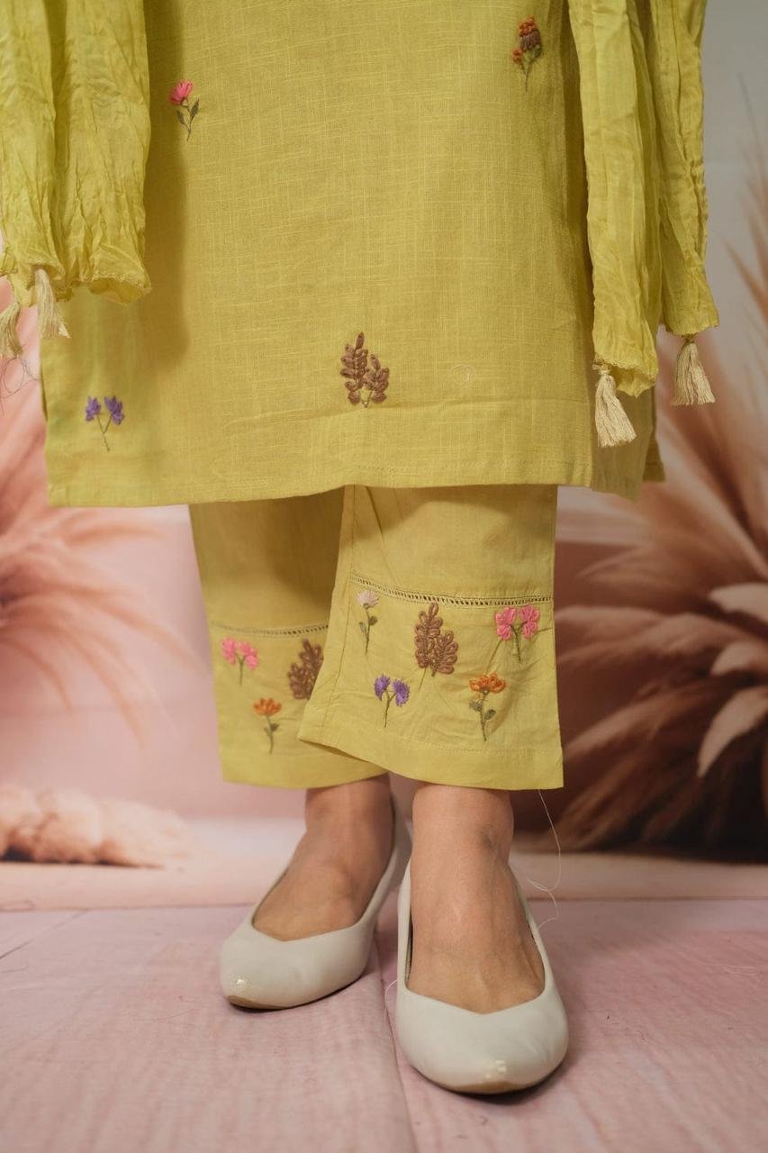 Green Cotton Khadi Kantha Work Suit Set